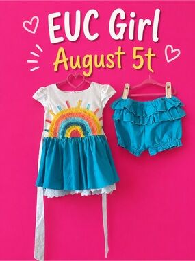 5t EUC Girl August set  Teal Rainbow Tunic/dress & Ruffle Shorts Set -